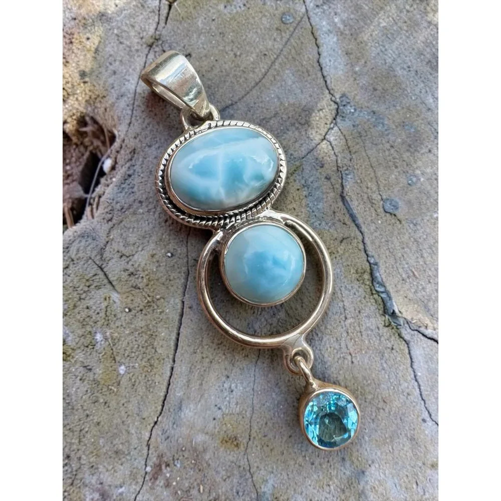Caribbean Larimar & Blue Topaz Solid 925 Sterling Silver Pendant